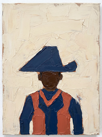 Heavy impasto oil portrait of a cowboy face-on under a navy angular hat, brown skin, shirt striped navy and coral, on a cream ground.