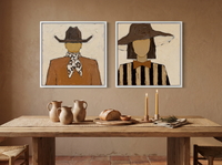 Cowboy & Wide-Brim Lady — Set of 2 Original Oils, Rust & Chocolate — original hand-painted oil shown on the wall in a styled room