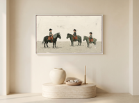 Three Children on Ponies Wide Wall Art — Original Palette-Knife Oil, Sage & Terracotta — original hand-painted oil shown on the wall in a styled room