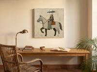 Cowboy on Horseback Wall Art — Original Palette-Knife Oil, Grey & Olive — original hand-painted oil shown on the wall in a styled room