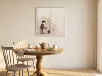 Woman Watering a Plant Wall Art — Original Palette-Knife Oil, Mauve & Rose-Brown — original hand-painted oil shown on the wall in a styled room