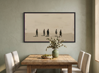 Five Walkers Wide Wall Art — Original Oil Landscape, Dark Olive & Oxblood — original hand-painted oil shown on the wall in a styled room