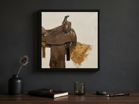 Western Saddle Still Life Wall Art — Original Palette-Knife Oil, Brown & Tan — original hand-painted oil shown on the wall in a styled room