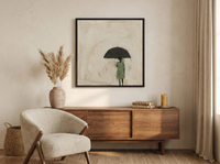 Woman Under an Umbrella Wall Art — Original Oil, Sage & Charcoal — original hand-painted oil shown on the wall in a styled room