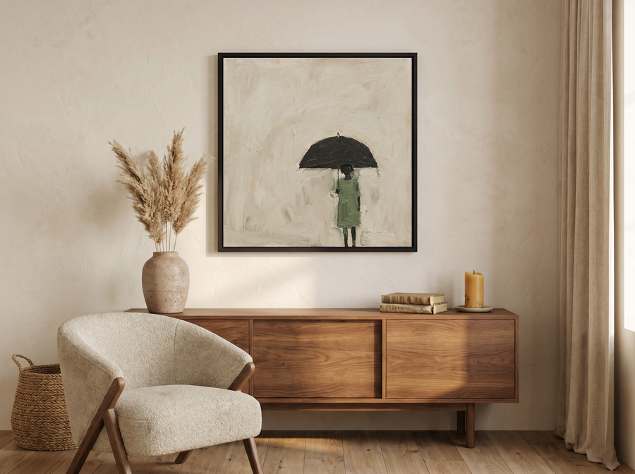 Woman Under an Umbrella Wall Art — Original Oil, Sage & Charcoal