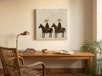 Two Riders on Horseback Wall Art — Original Palette-Knife Oil, Brown & Straw — original hand-painted oil shown on the wall in a styled room