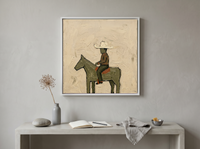 Cowboy on Horseback Wall Art — Original Palette-Knife Oil, Olive & Rust — original hand-painted oil shown on the wall in a styled room