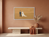 Wedding Couple and Dog Wide Wall Art — Original Palette-Knife Oil, Navy & Golden Ochre — original hand-painted oil shown on the wall in a styled room