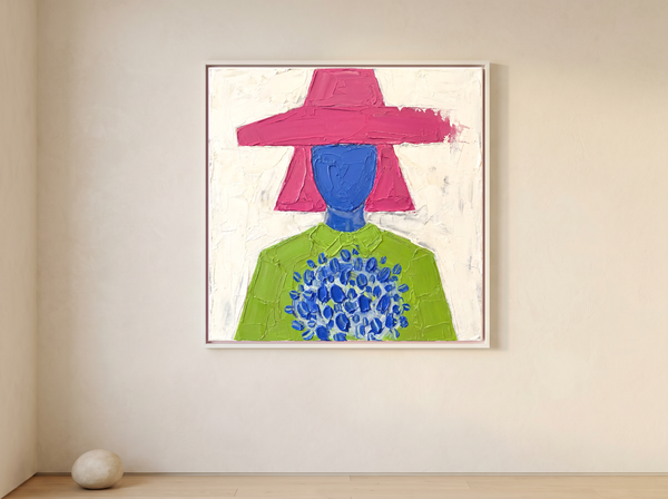 Lady with a Bouquet Wall Art — Original Palette-Knife Oil, Magenta & Lime