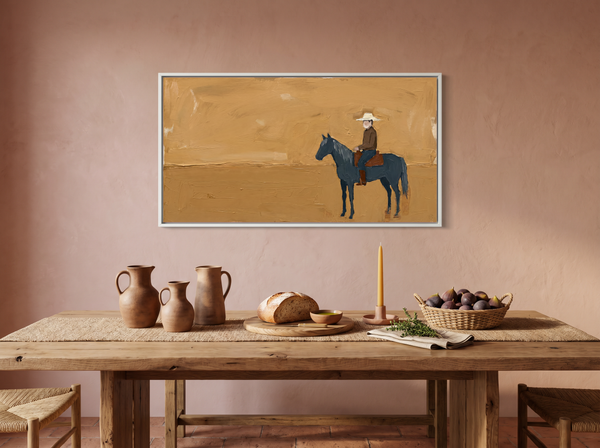 Cowboy on Horseback Wide Wall Art — Original Palette-Knife Oil, Golden Ochre & Navy