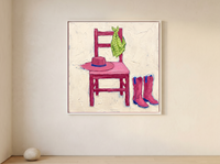 Cowboy Chair Still Life Wall Art — Original Palette-Knife Oil, Pink & Lime — original hand-painted oil shown on the wall in a styled room