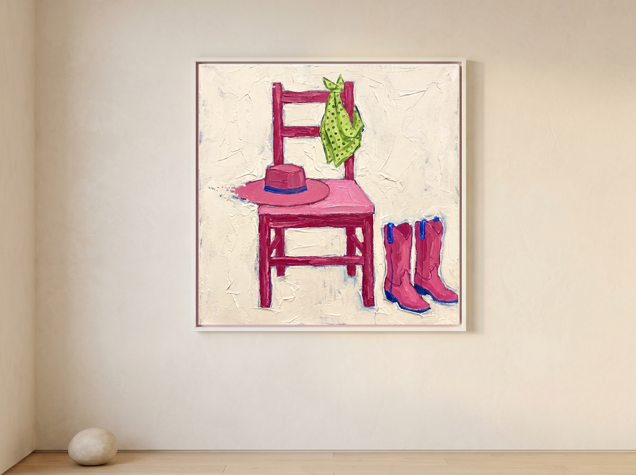 Cowboy Chair Still Life Wall Art — Original Palette-Knife Oil, Pink & Lime