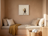 Girl with a Bouquet Wall Art — Original Palette-Knife Oil, Chocolate & Tan — original hand-painted oil shown on the wall in a styled room