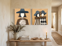 Bouquet Woman & Two Sisters — Set of 2 Original Oils, Slate Blue on Ochre — original hand-painted oil shown on the wall in a styled room