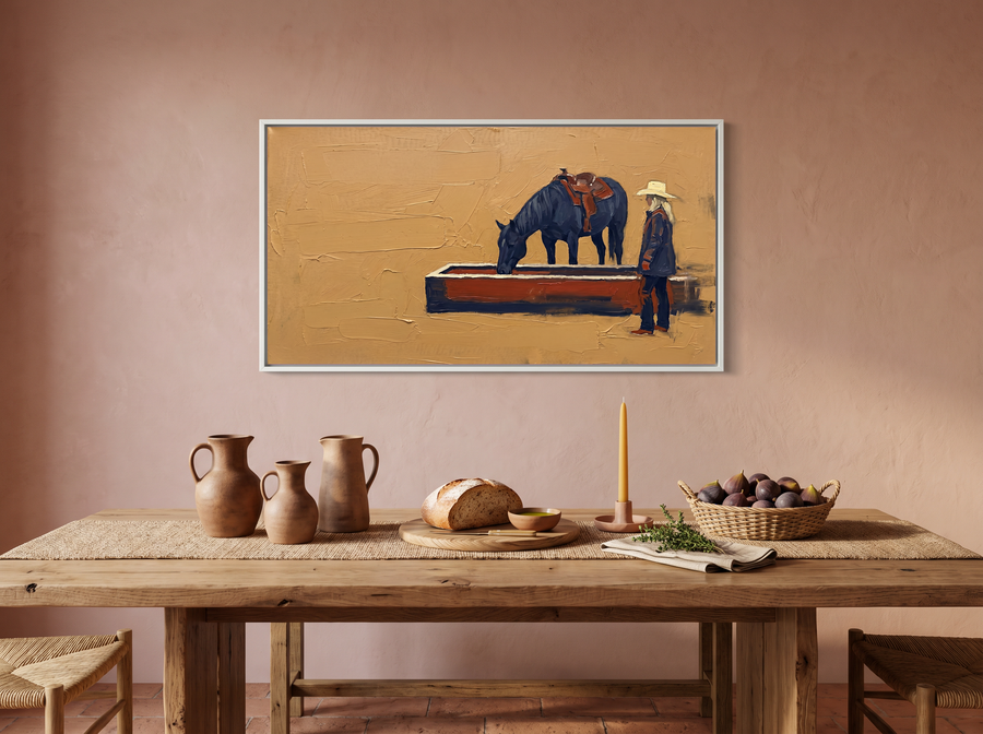 Cowgirl and Horse at the Trough Wide Wall Art — Original Palette-Knife Oil, Navy & Vermilion