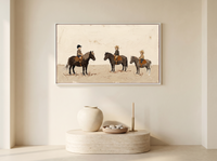 Three Children on Ponies Wide Wall Art — Original Palette-Knife Oil, Chocolate & Cream — original hand-painted oil shown on the wall in a styled room