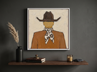 Cowboy from Behind Wall Art — Original Palette-Knife Oil, Brown & Cream — original hand-painted oil shown on the wall in a styled room