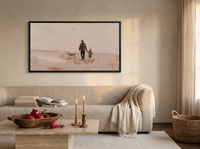 Father, Child and Dog Walking Wide Wall Art — Original Oil Landscape, Mauve & Rose-Brown — original hand-painted oil shown on the wall in a styled room