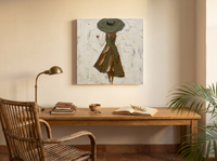 Walking Lady in a Wide Hat Wall Art — Original Palette-Knife Oil, Olive & Sienna — original hand-painted oil shown on the wall in a styled room