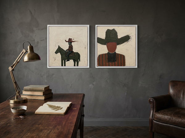 Rider & Cowboy — Set of 2 Original Oils, Olive & Oxblood