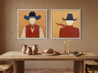 Cowboy Pair, Front & Back — Set of 2 Original Oils, Vermilion & Navy — original hand-painted oil shown on the wall in a styled room