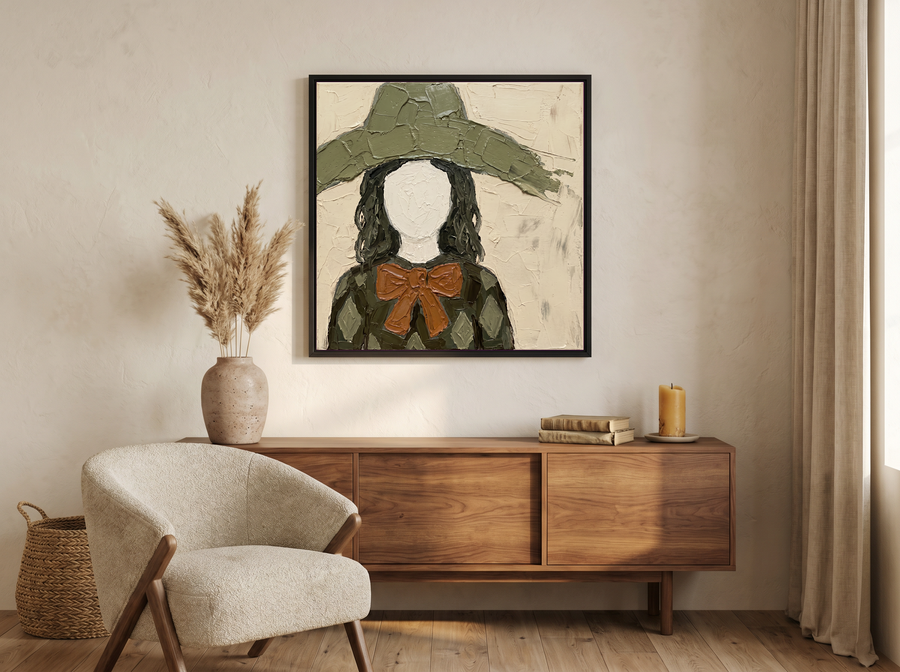 Lady in an Olive Floppy Hat Wall Art — Original Palette-Knife Oil, Olive & Rust