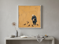 Old Man Feeding Pigeons Wall Art — Original Palette-Knife Oil, Ochre & Teal — original hand-painted oil shown on the wall in a styled room