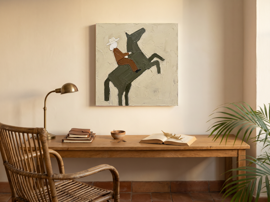 Rider on a Rearing Horse Wall Art — Original Palette-Knife Oil, Olive & Rust