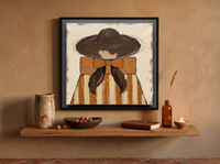 Lady in a Wide-Brim Hat Wall Art — Original Palette-Knife Oil, Chocolate & Rust — original hand-painted oil shown on the wall in a styled room