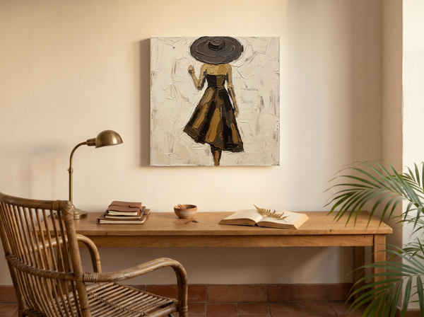 Walking Lady in a Wide Hat Wall Art — Original Palette-Knife Oil, Espresso & Gold