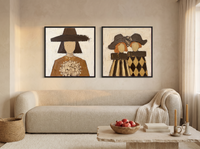 Bouquet Woman & Two Sisters — Set of 2 Original Oils, Chocolate & Gold — original hand-painted oil shown on the wall in a styled room