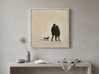 Couple Walking Away Wall Art — Original Palette-Knife Oil, Olive & Oxblood — original hand-painted oil shown on the wall in a styled room