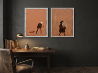 Man with Dog & Woman with Bouquet — Set of 2 Original Oils, Espresso & Terracotta — original hand-painted oil shown on the wall in a styled room