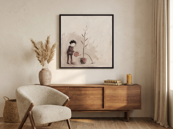 Woman Watering a Plant Wall Art — Original Palette-Knife Oil, Mauve & Rose-Brown