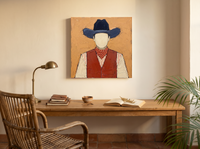 Cowboy in a Vest Wall Art — Original Palette-Knife Oil, Navy & Rust — original hand-painted oil shown on the wall in a styled room