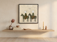 Two Riders on Horseback Wall Art — Original Palette-Knife Oil, Olive & Rust — original hand-painted oil shown on the wall in a styled room