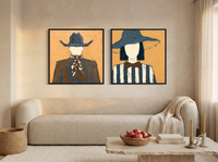 Cowboy & Wide-Brim Lady — Set of 2 Original Oils, Ochre & Slate Blue — original hand-painted oil shown on the wall in a styled room