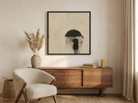 Woman Under a Black Umbrella Wall Art — Original Oil, Charcoal & Oxblood — original hand-painted oil shown on the wall in a styled room