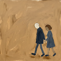 Original oil painting of a couple in navy-grey coats walking hand in hand, one ivory head and one brown, on a golden ochre ground
