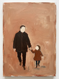 Oil painting of a tall father in a espresso coat holding the small hand of a child half his height, both with pale cream heads, on a deep terracotta ground.