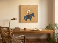 Child on a Pony Wall Art — Original Palette-Knife Oil, Slate Blue & Ochre — original hand-painted oil shown on the wall in a styled room