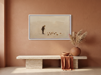 Man Feeding Pigeons Wide Wall Art — Original Oil Landscape, Chocolate & Cream — original hand-painted oil shown on the wall in a styled room
