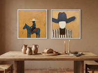 Rider & Cowboy — Set of 2 Original Oils, Golden Ochre & Slate Blue — original hand-painted oil shown on the wall in a styled room