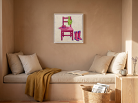 Cowboy Chair Still Life Wall Art — Original Palette-Knife Oil, Pink & Lime — original hand-painted oil shown on the wall in a styled room