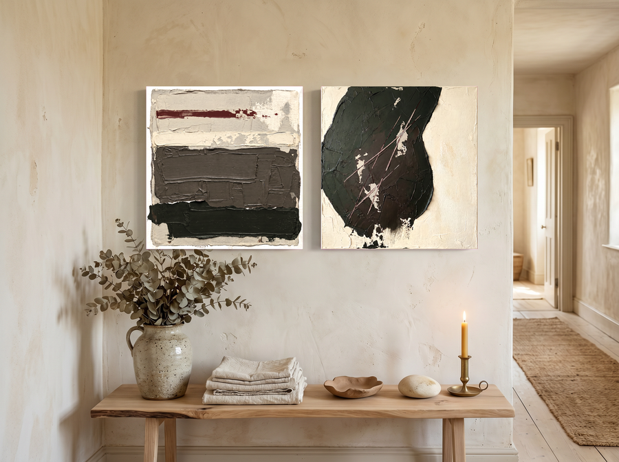 Bands & Monolith — Set of 2 Original Oils, Charcoal & Oxblood