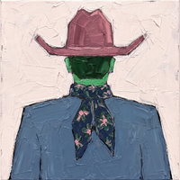Palette-knife oil of a cowboy in a mauve-pink hat with an emerald face and a navy pink-flowered bandana over a slate-blue shirt, on a blush ground.