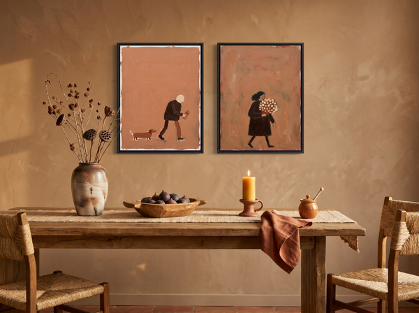 Man with Dog & Woman with Bouquet — Set of 2 Original Oils, Espresso & Terracotta