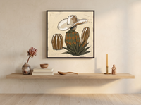 Cowboy in a Cactus Field Wall Art — Original Palette-Knife Oil, Olive & Rust — original hand-painted oil shown on the wall in a styled room