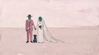 Original wide oil painting of a groom in a pink suit with an emerald face, a bride in a white gown with an emerald face, and a navy dog, on a blush field