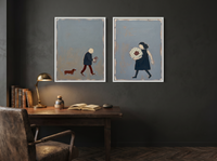 Man with Dog & Woman with Bouquet — Set of 2 Original Oils, Charcoal & Slate — original hand-painted oil shown on the wall in a styled room